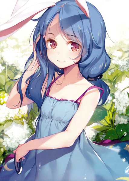 Anime picture 2418x3396 with touhou seiran (touhou) ke-ta single long hair tall image looking at viewer highres red eyes twintails bare shoulders animal ears blue hair scan wet bunny ears adjusting hair low ponytail girl dress