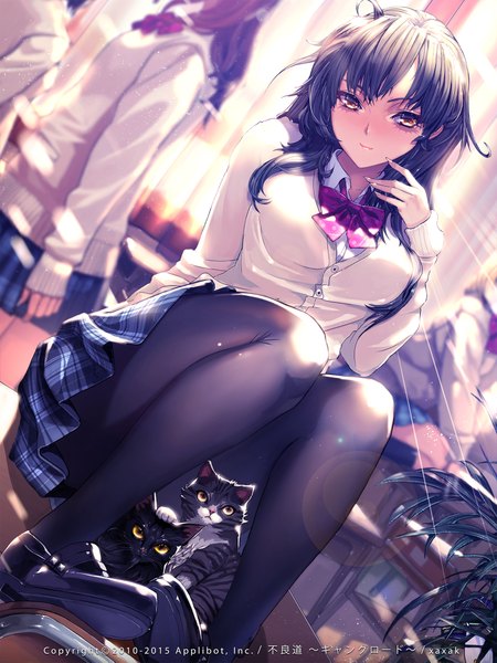 Anime picture 1600x2133 with furyou michi ~gang road~ xaxak long hair tall image looking at viewer black hair multiple girls brown eyes solo focus girl skirt uniform school uniform animal pantyhose black pantyhose cat