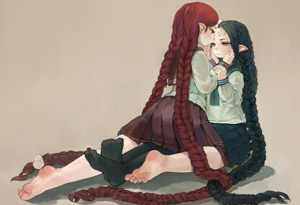 Anime picture 1200x819 with original ebi (ebimomo) black hair simple background red eyes sitting multiple girls green eyes red hair braid (braids) very long hair pleated skirt barefoot horn (horns) pointy ears twin braids kneeling shoujo ai face to face oni horns