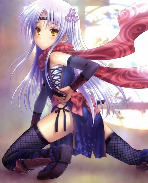Anime picture 2091x2589 with angel beats! key (studio) tachibana kanade goto p single long hair tall image blush highres light erotic yellow eyes white hair traditional clothes looking back scan official art girl thighhighs hair ornament detached sleeves