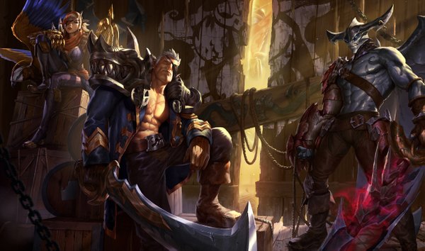 Anime picture 1215x717 with league of legends garen (league of legends) quinn (league of legends) aatrox (league of legends) looking at viewer short hair blue eyes wide image multicolored hair grey hair orange hair two-tone hair official art grey eyes pirate monster boy girl boy weapon animal