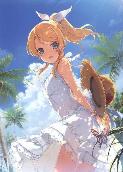 Anime picture 2111x2958 with love live! school idol project sunrise (studio) love live! ayase eli 6u (eternal land) single long hair tall image looking at viewer blush fringe highres open mouth blue eyes blonde hair standing bare shoulders holding sky cloud (clouds)