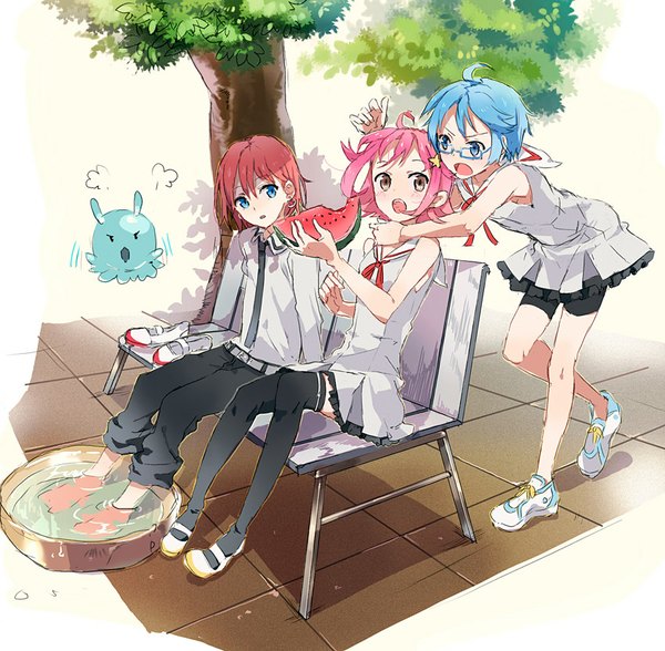 Anime picture 850x833 with houkago no pleiades subaru (houkago no pleiades) aoi (houkago no pleiades) pleiadean minato (houkago no pleiades) eihi short hair open mouth blue eyes sitting multiple girls holding brown eyes blue hair looking away pink hair ahoge bent knee (knees) outdoors red hair