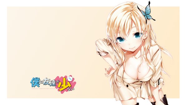 Anime picture 1920x1080 with boku wa tomodachi ga sukunai kashiwazaki sena buriki single long hair highres breasts blue eyes light erotic blonde hair wide image large breasts cleavage official art girl skirt hair ornament insect butterfly butterfly hair ornament