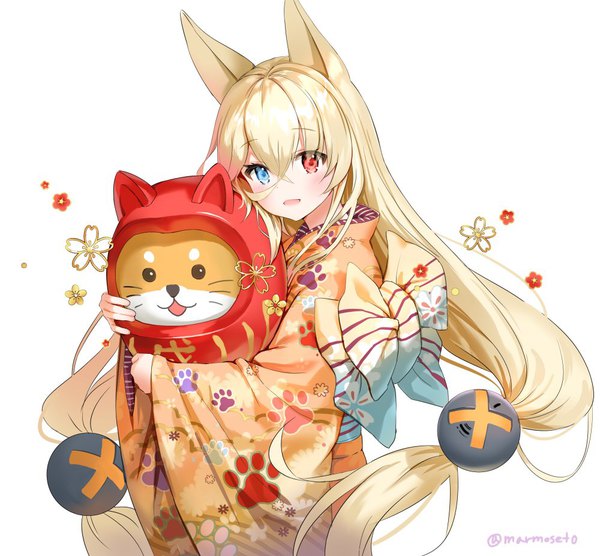Anime picture 1000x927 with girls frontline g41 (girls frontline) marmoset (marmoset0) single looking at viewer blush fringe open mouth simple background blonde hair smile hair between eyes white background twintails signed animal ears upper body very long hair traditional clothes japanese clothes