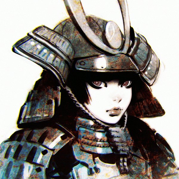 Anime picture 1080x1080 with original ilya kuvshinov single looking at viewer short hair black hair simple background white background brown eyes traditional clothes lips portrait polychromatic knight girl uniform headdress armor military uniform helmet
