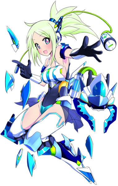 Anime picture 1272x2000 with original nikupizzau single tall image looking at viewer blush short hair open mouth light erotic white background green hair heterochromia mechanical girl gloves headphones