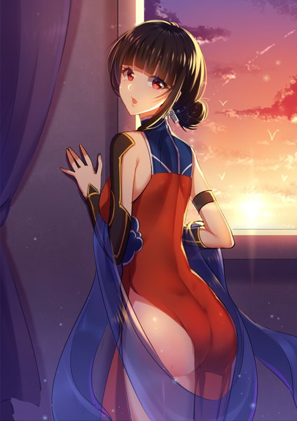 Anime picture 2480x3507 with warship girls r yat sen (warship girls r) sannio single tall image looking at viewer fringe highres short hair open mouth light erotic black hair red eyes standing bare shoulders payot sky cloud (clouds) ass blunt bangs