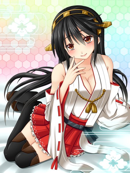 Anime picture 750x1000 with kantai collection haruna battleship dotera-otoko single long hair tall image looking at viewer blush black hair red eyes bare shoulders traditional clothes miko girl thighhighs black thighhighs detached sleeves hairband