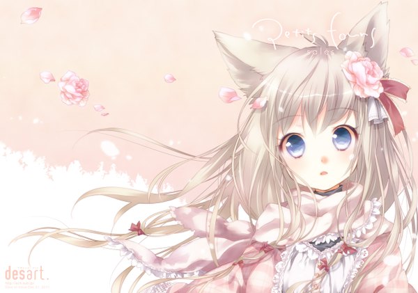 Anime picture 1262x886 with original ech single long hair looking at viewer open mouth blue eyes blonde hair simple background animal ears hair flower cat ears cat girl girl dress hair ornament flower (flowers) bow petals scarf