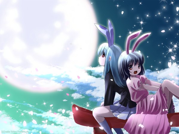 Anime picture 1600x1200 with touhou reisen udongein inaba inaba tewi sky bunny ears bunny girl girl moon nekito