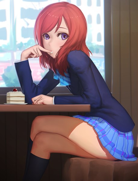 Anime picture 1527x2000 with love live! school idol project sunrise (studio) love live! nishikino maki maredoro single long hair tall image looking at viewer blush sitting purple eyes red hair indoors crossed legs finger in mouth girl skirt uniform school uniform