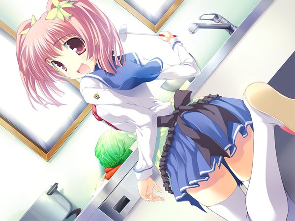 Anime picture 1200x900 with angel navigate short hair open mouth light erotic standing twintails pink hair game cg pink eyes standing on one leg soles cooking girl thighhighs skirt uniform bow hair bow school uniform miniskirt
