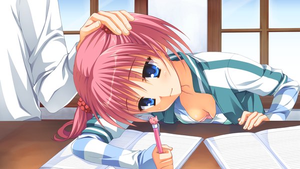 Anime picture 1280x720 with noble works kunihiro hinata muririn short hair blue eyes wide image pink hair game cg cleavage hand on head girl table pen notebook