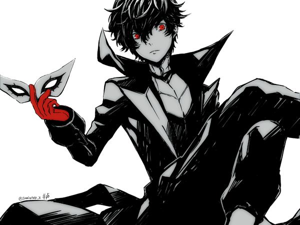 Anime picture 1200x900 with persona 5 persona amamiya ren kawasemi sumika single fringe short hair simple background hair between eyes red eyes white background sitting holding signed looking away twitter username crossed legs spot color polychromatic high contrast