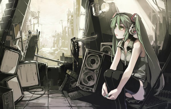 Anime picture 1100x700 with vocaloid hatsune miku aoin long hair sitting twintails green eyes nail polish green hair leg hug street girl thighhighs black thighhighs headphones wire (wires) speakers