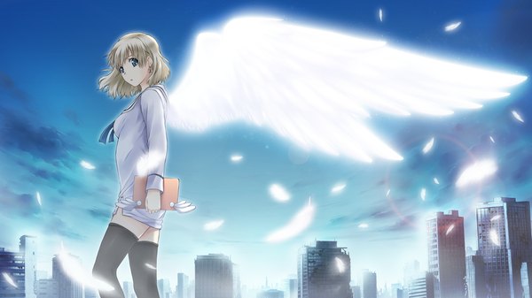 Anime picture 2048x1152 with tokyo babel highres short hair blue eyes wide image game cg white hair zettai ryouiki cityscape girl thighhighs uniform black thighhighs school uniform wings feather (feathers)