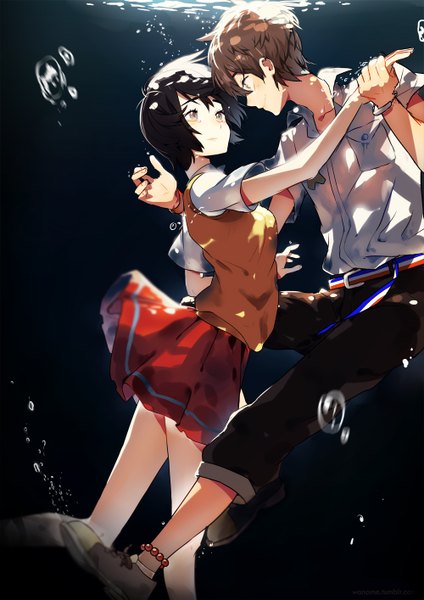 Anime picture 1000x1414 with zankyou no terror mappa twelve mishima risa galsuwaidi tall image fringe short hair breasts black hair smile brown eyes bent knee (knees) holding hands black background happy underwater open collar face to face eye contact