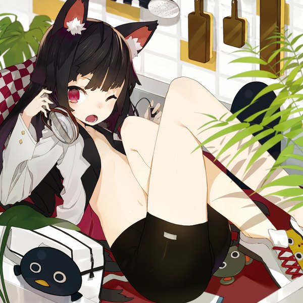 Anime picture 1080x1080 with original karei (hirameme) single long hair breasts open mouth light erotic black hair red eyes holding animal ears looking away one eye closed wink cat ears open clothes bare belly open shirt crossed legs flat chest