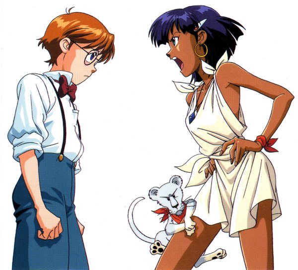 Anime picture 2600x2361 with fushigi no umi no nadia nadia king (nadia) jean roque raltique highres short hair open mouth blue eyes simple background white background green eyes purple hair profile orange hair dark skin twisty sleeves hands on hips girl boy earrings