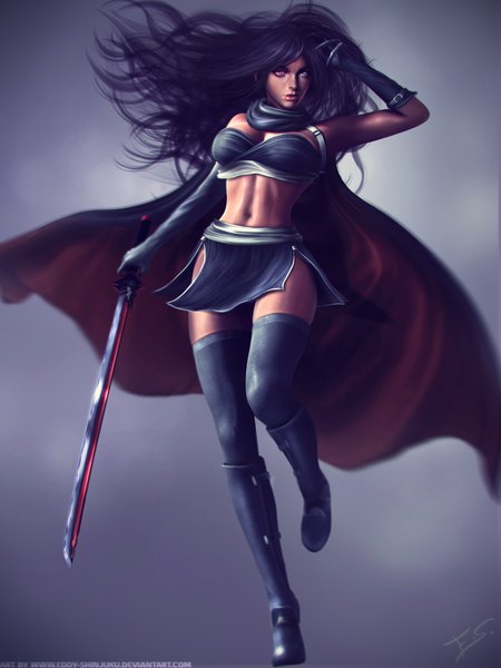 Anime picture 1200x1600 with original eddy-shinjuku single long hair tall image looking at viewer blue eyes black hair simple background red eyes signed heterochromia hand on head girl thighhighs skirt gloves navel weapon sword