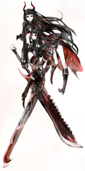 Anime picture 675x1350 with black rock shooter black gold saw tribute long hair tall image fringe black hair simple background red eyes white background multiple girls horn (horns) weightlessness girl weapon 2 girls shorts short shorts cloak knee boots