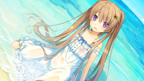 Anime picture 1920x1080 with ao no kanata no four rhythm sprite (company) arisaka mashiro akinashi yuu single long hair looking at viewer blush fringe highres open mouth hair between eyes brown hair wide image sitting twintails purple eyes dutch angle embarrassed beach