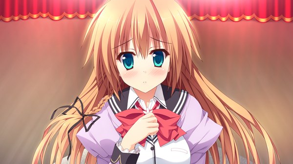 Anime picture 1280x720 with koishiki manual ichinose himeno saeki nao single long hair looking at viewer blush blonde hair wide image game cg aqua eyes embarrassed hand on chest girl uniform bow ribbon (ribbons) hair bow hair ribbon school uniform