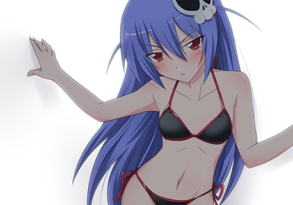 Anime picture 1024x717 with kami nomi zo shiru sekai haqua du lot herminium yuto (dialique) long hair blush simple background red eyes white background blue hair girl navel hair ornament swimsuit bikini black bikini skull hair ornament