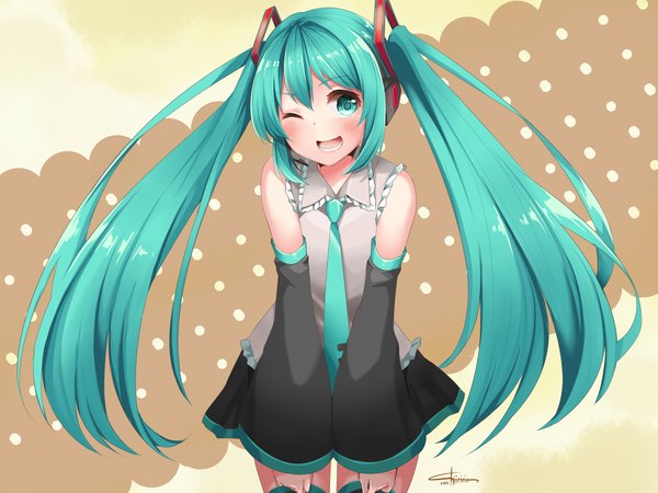 Anime picture 4724x3543 with vocaloid hatsune miku chiiririn single blush highres open mouth twintails absurdres very long hair one eye closed aqua eyes wink aqua hair girl hair ornament detached sleeves necktie