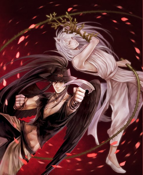 Anime picture 1200x1467 with yu yu hakusho youko kurama kuronue tetra takamine long hair tall image black hair red eyes animal ears silver hair white hair ponytail light smile red background silver eyes boy navel weapon hat petals