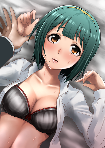Anime picture 827x1169 with idolmaster otonashi kotori yosida komati tall image looking at viewer blush fringe short hair breasts open mouth light erotic brown eyes cleavage upper body lying blunt bangs parted lips green hair from above open clothes