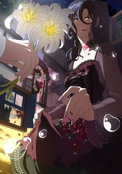 Anime picture 1058x1500 with original adventure kajiya (artist) long hair tall image open mouth black hair brown eyes night girl dress flower (flowers) window bouquet teardrop