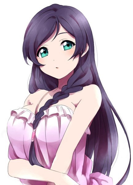 Anime picture 849x1177 with love live! school idol project sunrise (studio) love live! toujou nozomi sekina single long hair tall image blush simple background white background bare shoulders looking away purple hair aqua eyes side braid girl frills