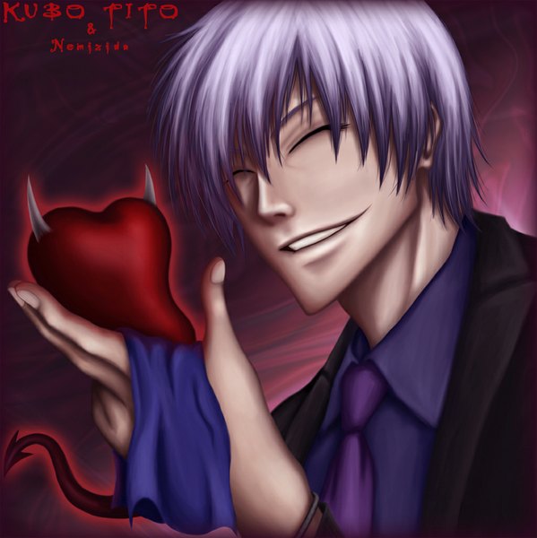 Anime picture 1024x1027 with bleach studio pierrot ichimaru gin nemizida single tall image short hair smile purple hair eyes closed coloring boy necktie heart