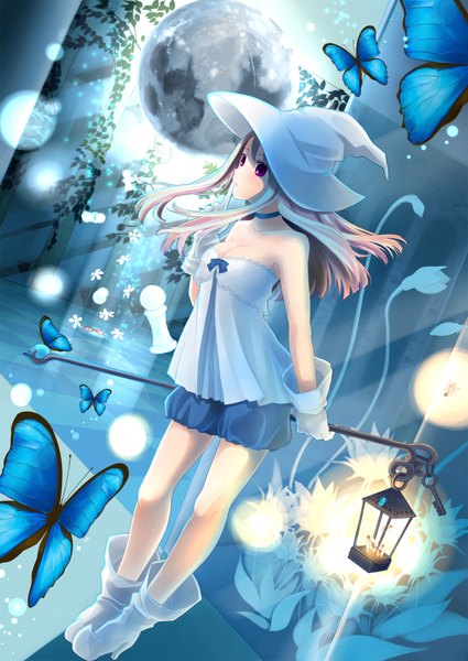 Anime picture 1254x1770 with original ahira yuzu single long hair tall image blonde hair purple eyes girl gloves insect butterfly moon witch hat lantern