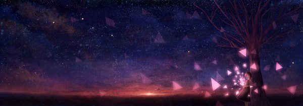 Anime picture 2600x910 with original bounin single highres short hair wide image standing sky evening sunset scenic bare tree girl plant (plants) tree (trees) star (stars)
