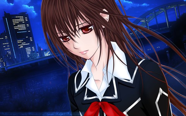 Anime picture 1920x1200 with vampire knight studio deen cross yuki long hair highres brown hair wide image night city vampire girl uniform school uniform