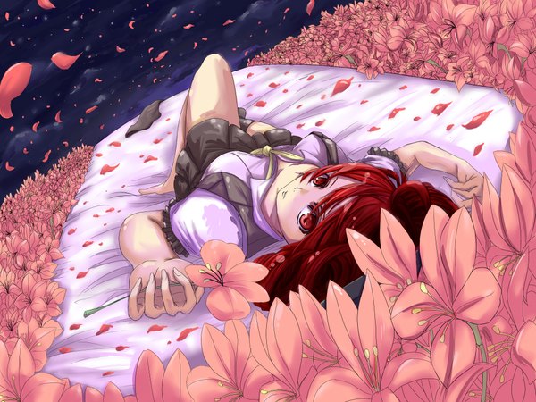 Anime picture 2000x1500 with utau kasane teto nanakusa ayame (artist) single long hair looking at viewer highres red eyes holding sky cloud (clouds) red hair lying barefoot night puffy sleeves girl thighhighs skirt uniform