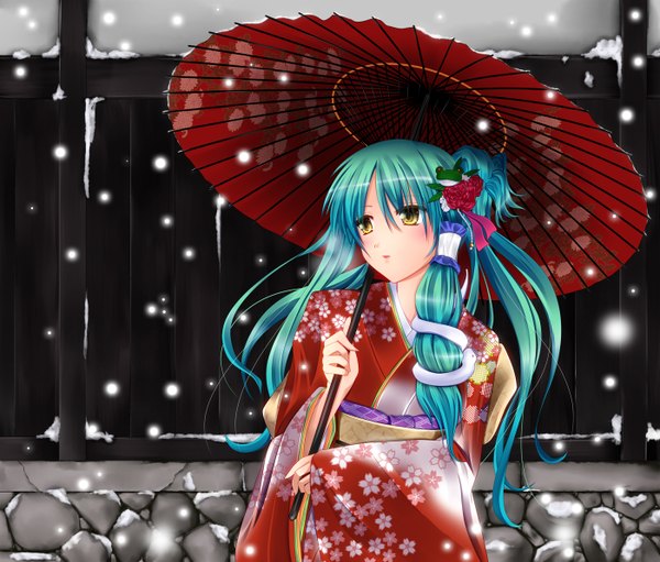 Anime picture 1400x1194 with touhou kochiya sanae fule single long hair yellow eyes traditional clothes japanese clothes hair flower green hair wide sleeves snowing winter snow girl hair ornament kimono umbrella hair tubes snake