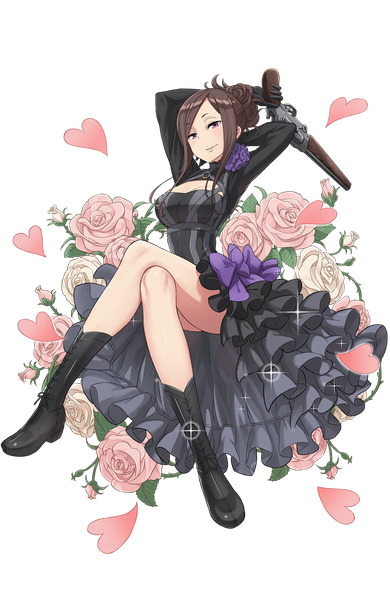 Anime picture 1301x2000 with princess principal princess principal game of mission dorothy (princess principal) single long hair tall image looking at viewer fringe breasts light erotic smile brown hair large breasts sitting purple eyes holding blunt bangs arm up arms up official art