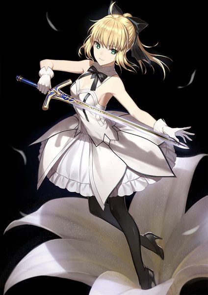 Anime picture 919x1300 with fate (series) fate/grand order artoria pendragon (all) saber saber lily fame peera single long hair tall image fringe simple background blonde hair smile bare shoulders holding green eyes payot looking away full body ahoge