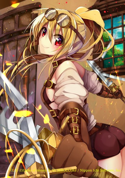 Anime picture 735x1040 with zillions of enemy x nekoboshi sakko single long hair tall image looking at viewer blush fringe light erotic blonde hair smile hair between eyes red eyes holding sky ass ponytail official art sideboob reflection