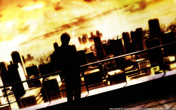 Anime picture 1440x900 with death note madhouse yagami light ryuk wide image wallpaper city evening sunset cityscape silhouette