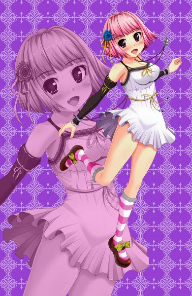 Anime picture 780x1200 with original gorikeruka single tall image blush short hair open mouth smile pink hair pink eyes legs girl dress detached sleeves socks striped socks