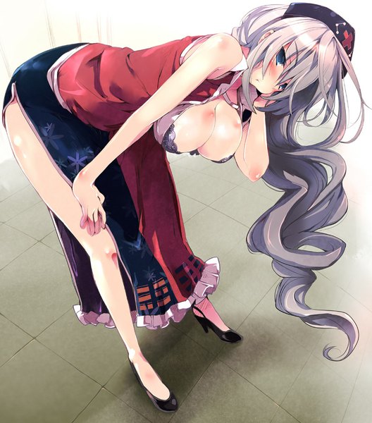 Anime picture 811x921 with touhou yagokoro eirin morogami ryou single long hair tall image blush fringe breasts blue eyes light erotic large breasts standing silver hair traditional clothes bare legs leaning leaning forward wavy hair floor