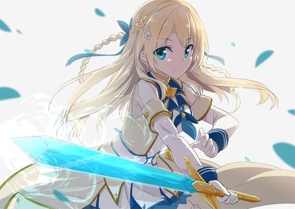 Anime picture 1200x851 with last boss no mukougawa gotyou single long hair looking at viewer simple background blonde hair smile braid (braids) aqua eyes official art twin braids girl weapon detached sleeves sword