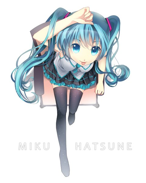 Anime picture 1000x1250 with vocaloid hatsune miku bison cangshu single long hair tall image looking at viewer blue eyes white background twintails blue hair :p girl thighhighs skirt black thighhighs necktie tongue