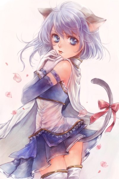 Anime picture 800x1200 with mahou shoujo madoka magica shaft (studio) miki sayaka yukishiro (hitsuji) single tall image looking at viewer short hair blue eyes light erotic simple background white background animal ears blue hair tail animal tail looking back cat ears cat tail girl