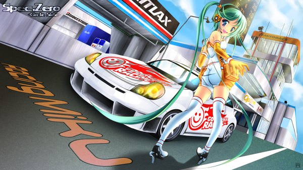 Anime picture 1800x1008 with vocaloid hatsune miku single long hair highres open mouth blue eyes wide image twintails looking back green hair from behind girl thighhighs gloves white thighhighs elbow gloves headphones ground vehicle car